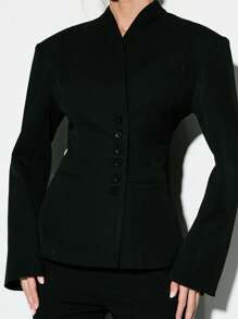 KIZN Professional Bold Shoulder Tailored Blazer With Asymmetric Button Closure, Office Work Business Conference Interview Formal Wear Blazer, Spring Fall Winter Outerwear - Black - View 3