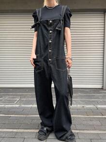 FRIFUL Women's Washed Loose Fit Denim Bib Overalls - Blue - View 1