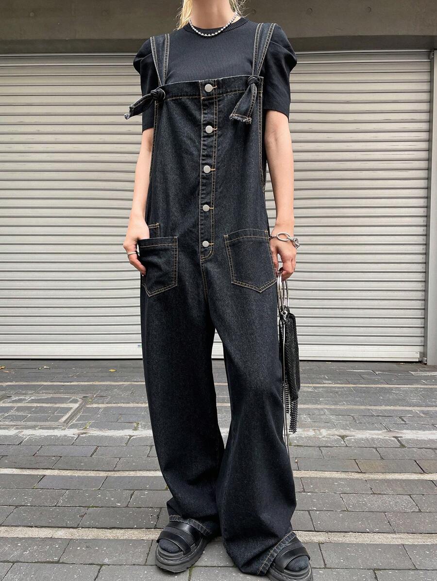 FRIFUL Women's Washed Loose Fit Denim Bib Overalls - Blue - View 1