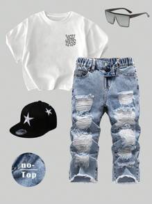SHEIN Young Boy Distressed Stonewashed Ripped Frayed Loose Fit Blue Denim Jeans, For Kids Spring/Summer - Light Wash - View 1