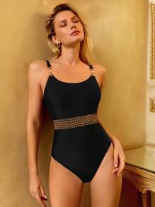 SHEIN Swim Mono elegante sin espalda con cordón en la cintura para mujer en color negro para vacaciones de primavera, Boho festival, para verano y playa