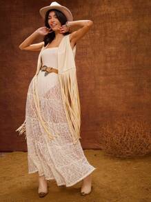 WESTFADE Western Open Front Faux Suede Fringe Sleeveless Festival Tank Top Nashville Style Outifts - Beige - View 3