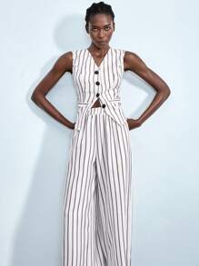 Lumivelle Conjunto de chaleco sin mangas a rayas y pantalones de pierna ancha con estilo - Beis - Ver 6