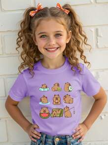 SHEIN Explorewe Young Girl Cartoon Graphic Tee - Purple - View 1