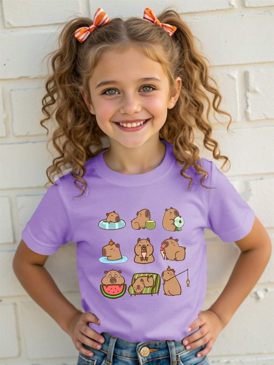 SHEIN Explorewe Young Girl Cartoon Graphic Tee - Purple - View 1