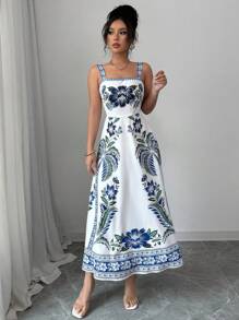 Elenzga Women Summer Placement Print Slip Dress - Blue and White - View 6