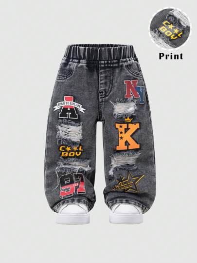 SHEIN Pantalones de mezclilla negros rectos y holgados con efecto lavado de piedra, diseño de estampado de letras graffiti y rasgados, para bebés, atuendos de streetwear y ropa de primavera/verano