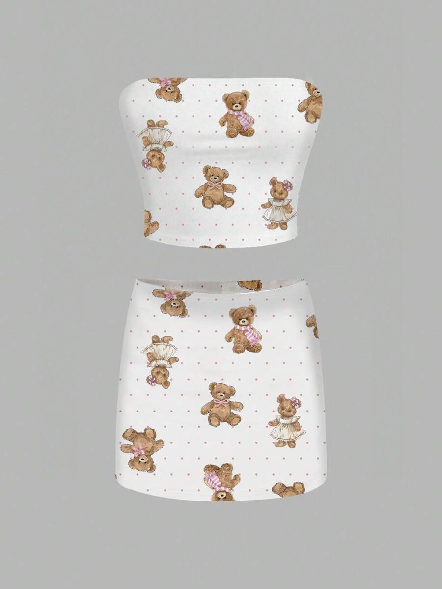 SHEIN EZwear Cute Bear Print Crop Top And Mini Skirt 2 Pieces Set - White - View 1