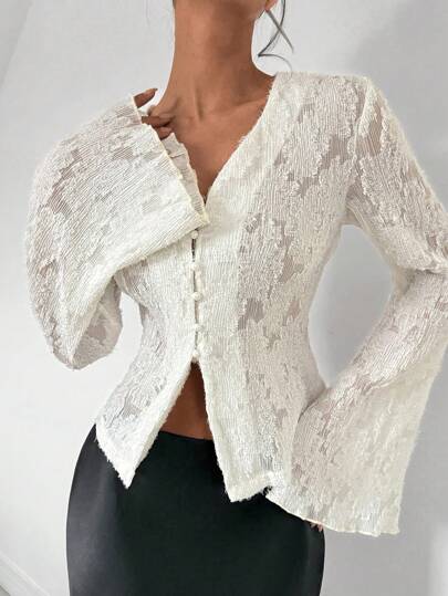 Almamuse Fashionable, Romantic And Elegant Solid Color Lace Bell Sleeve Blouse Fall Cloth For Women