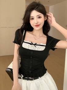DAZY Women Contrast Color Bow Casual Short Sleeve T-Shirt Summer