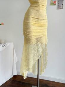 Soleia 度假淡黄色褶皱短腰不对称下摆连衣裙