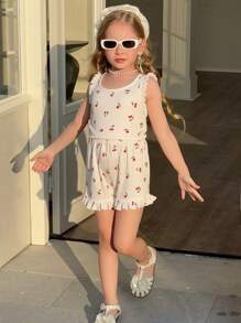 Ramadan Kleinkind Mädchen Set aus Kirschblüten-Muster Blumen-Rüschen-Top ohne Ärmel und dazu passende Shorts, süß und lässig, lose Passform, 2-teiliger Outfit, Sommer