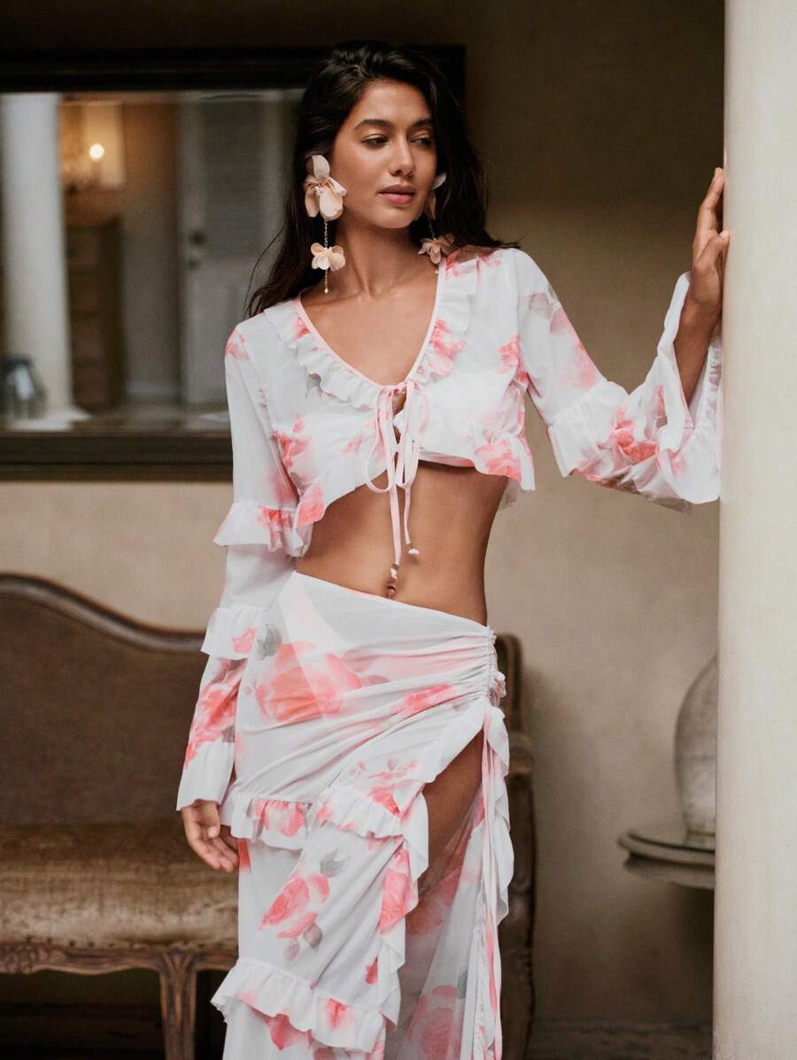 Anewsta Women's Ombre Bandeau Bikini Set With Coverup Long Sleeve Top And Skirt For Vacation, For Summer Beach Vacation - Multicolor - View 1