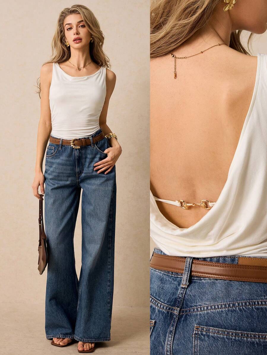 Poéselle 女士紧身衣 露背金属纽扣装饰紧身衣 优雅白色紧身衣 无袖女士纯色圆领休闲紧身衣 夏季女装 情人节夏装 春季女装 可爱复古女装 演唱会女装 白色紧身衣 演唱会女装 节日老钱 - 白色 - 查看 1