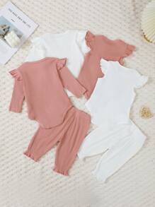 6pcs/Set Newborn Baby Girl Knitted Romper With Flutter Sleeves & Ruffled Collar Jumpsuit With Long Pants, Comfortable Pajamas - Multicolor - View 2