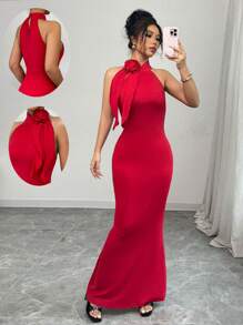 Chiquease Women's Red Rose Decor Halter Dress For Formal Ball Gown - Red - View 1