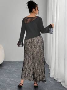 Modelyn Plus Size Elegant Solid Lace Patchwork Flare Sleeve Dress Fall Cloth For Women - Multicolor - View 2