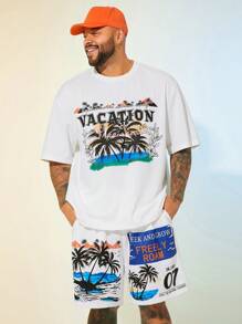 Manfinity VCAY Plus Size Men Loose Casual Holiday Knit Short Sleeve Round Neck T-Shirt And Shorts Set - White - View 1