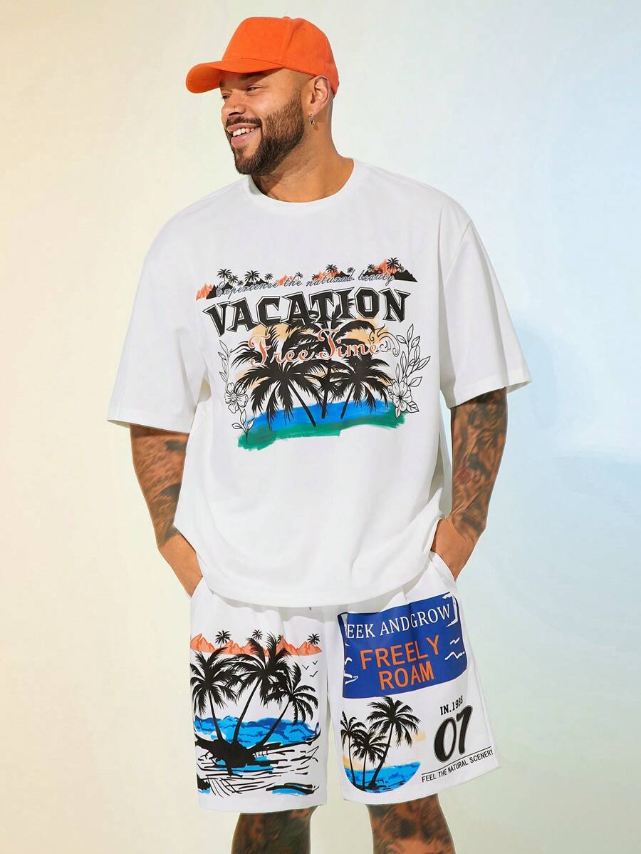 Manfinity VCAY Plus Size Men Loose Casual Holiday Knit Short Sleeve Round Neck T-Shirt And Shorts Set - White - View 1