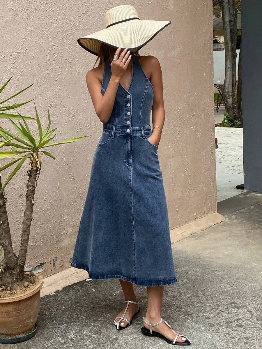 DAZY Backless Halter Neck Denim Dress With Flared Dress And Waistline For Women Summer - Medium Wash - View 1
