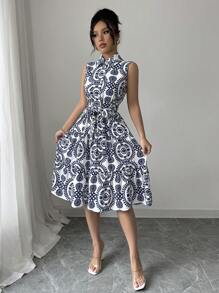 Elenzga 女士休闲背心裙，简约时尚，日常穿着 - 藍白色 - 查看 3