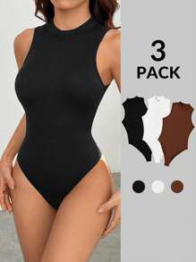 SHEIN PETITE 3pcs/Set Casual Minimalist Sleeveless Bodysuit, Multicolor - Multicolor - View 1
