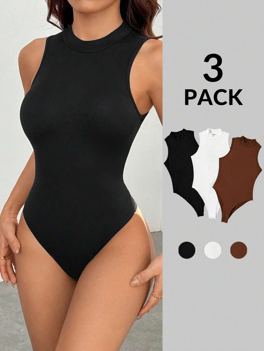 SHEIN PETITE 3pcs/Set Casual Minimalist Sleeveless Bodysuit, Multicolor - Multicolor - View 1