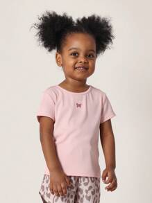 SUMWON 儿童必备罗纹婴儿 T 恤，带蝴蝶细节，适合女孩的舒适 T 恤，适合春夏季的休闲日常穿着上衣