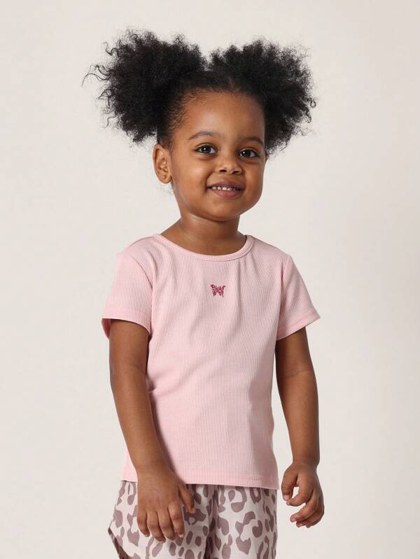 SUMWON Kids Essential Ribbed Baby Tee With Butterfly Detail, Comfortable T-Shirt For Girls, Casual Daily Wear Top For Spring Summer