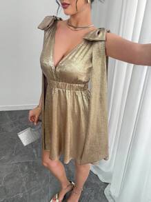 Chiquease Abito da donna monocolore con fiocco metallico e senza maniche - Dorato - Visualizzare 8