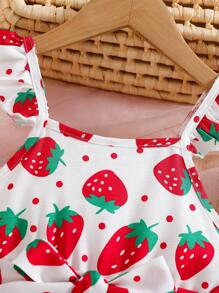 Bộ váy tay lỡ in họa tiết quả dâu tây cho bé gái + mũ + thắt lưng - Đỏ - Xem 4