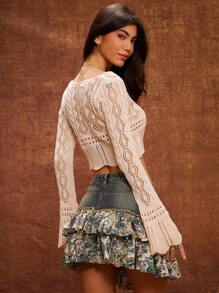 WESTFADE V Neck Drawstring Knot Front Faux Crochet Sweater Knit Top - Apricot - View 3