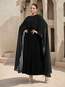 Modelyn 女士纯色网眼拼布褶皱优雅阿拉伯风格连衣裙 - 黑色 - 查看 2