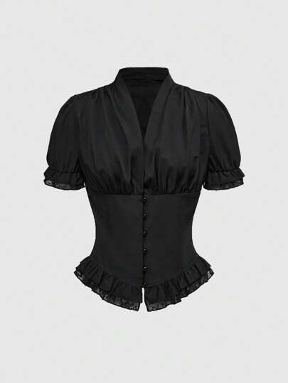 Goth Women Summer Clothes Women's Ruffled Lace Casual Blouse, Minimalist And Fashionable For Everyday Wear