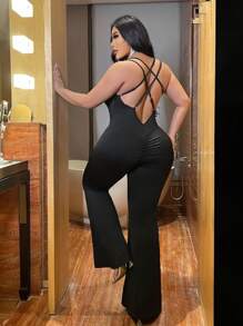 Flirla Plus Size Sexy Casual Criss-Cross Deep V Jumpsuit With Flared Legs, For Daily Wear & Home