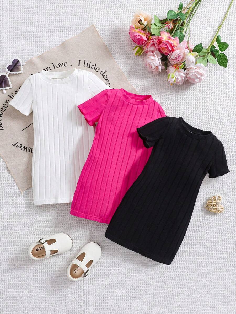 SHEIN Bộ 3 váy ngắn tay dệt kim màu trơn thường ngày cho bé gái - Nhiều màu - Xem 1