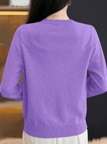 EMERY ROSE Women Round Neck Casual Solid Colored Cardigan For Daily Wear,Long Sleeve Tops Fall Winter Cloth For Women - Purple - View 2