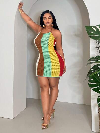 Slaydiva Trang phục mới cho nữ mùa xuân/hè theo phong cách miền Tây cho lễ Phục Sinh, váy ngắn cỡ lớn không tay, phối màu tối giản, kẻ sọc, khoét lỗ, dây mảnh, chất liệu dệt kim móc, phong cách Boho.