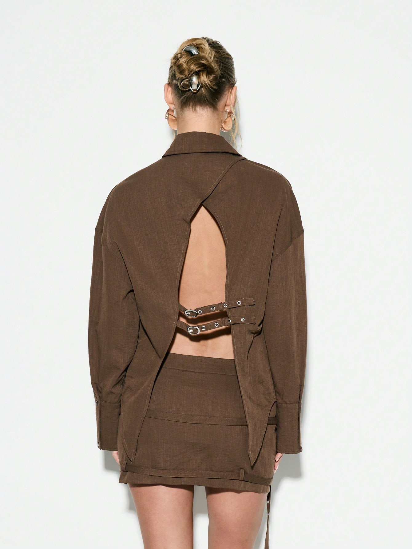 KIZN Oversized Button Down Long Sleeve Split Back Blouses