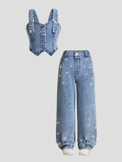 SHEIN Conjunto de 2 piezas para niñas preadolescentes con top vaquero cómodo y casual con pedrería y pantalón vaquero, ligero y perfecto para el verano