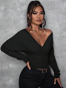 SHEIN X Lucía Bellido SHEIN SXY Áo len dài tay hở vai màu trơn ôm vừa vặn cho nữ, Thu/Đông, Áo dài tay - màu đen - Xem 4