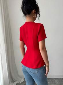 Elenzga Women's Casual Spring Summer Elegant French Style Solid Color Round Neck A-Line Short Sleeve Blouse With Waist Cinching, Bow Decor, Back Zipper - Red - View 2