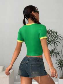 Flirla 1st Dames Casual Vakantie Olijfgroen Ronde Hals Nummer, Letter, Ei, En Voetbal Print Vintage Contrasterende Kleur St. Patrick's Day Tops