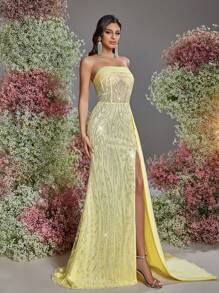 Glamrae 优雅奢华亮片点缀缎面露肩开叉下摆美人鱼长裙，带有层叠荷叶边细节，婚礼宾客礼服，适合婚礼、舞会、派对、节日、晚会（大量点缀） - 黃色 - 查看 6