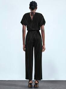 Lumivelle 1 件女式深 V 领金属装饰连体裤，女式褶皱时尚百搭编织黑色优雅连体裤 - 黑色 - 查看 2