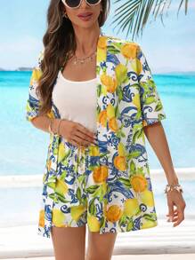SHEIN VCAY Bộ 2 áo đi biển thường ngày cho nữ và quần short lưng thun - Nhiều màu - Xem 4