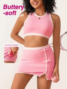 SHEIN Sports Women's Solid Color Crew Neck Sleeveless Minimalist Top And Shorts Sports Suit - Pink - View 5