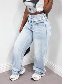 SHEIN Slayr Women's Front Button Pocket Frayed Edge Casual Denim Jeans