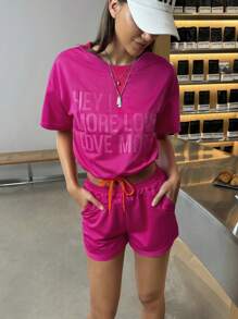 INAWLY Women's Casual Slogan Printed Short Sleeve T-Shirt And Shorts Set, Summer