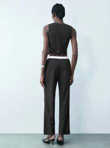 Maija Women Front Button Sleeveless Striped Minimalist Top And Trousers Pants Suit,Festival